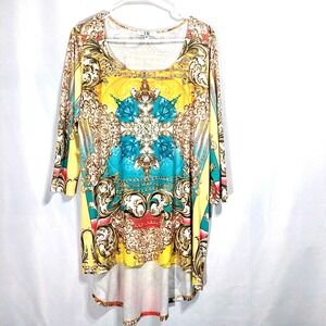 Paris IQ VTG Womens XL Stretch Tunic Dress 3/4 Sleeve Graphic High Low USA